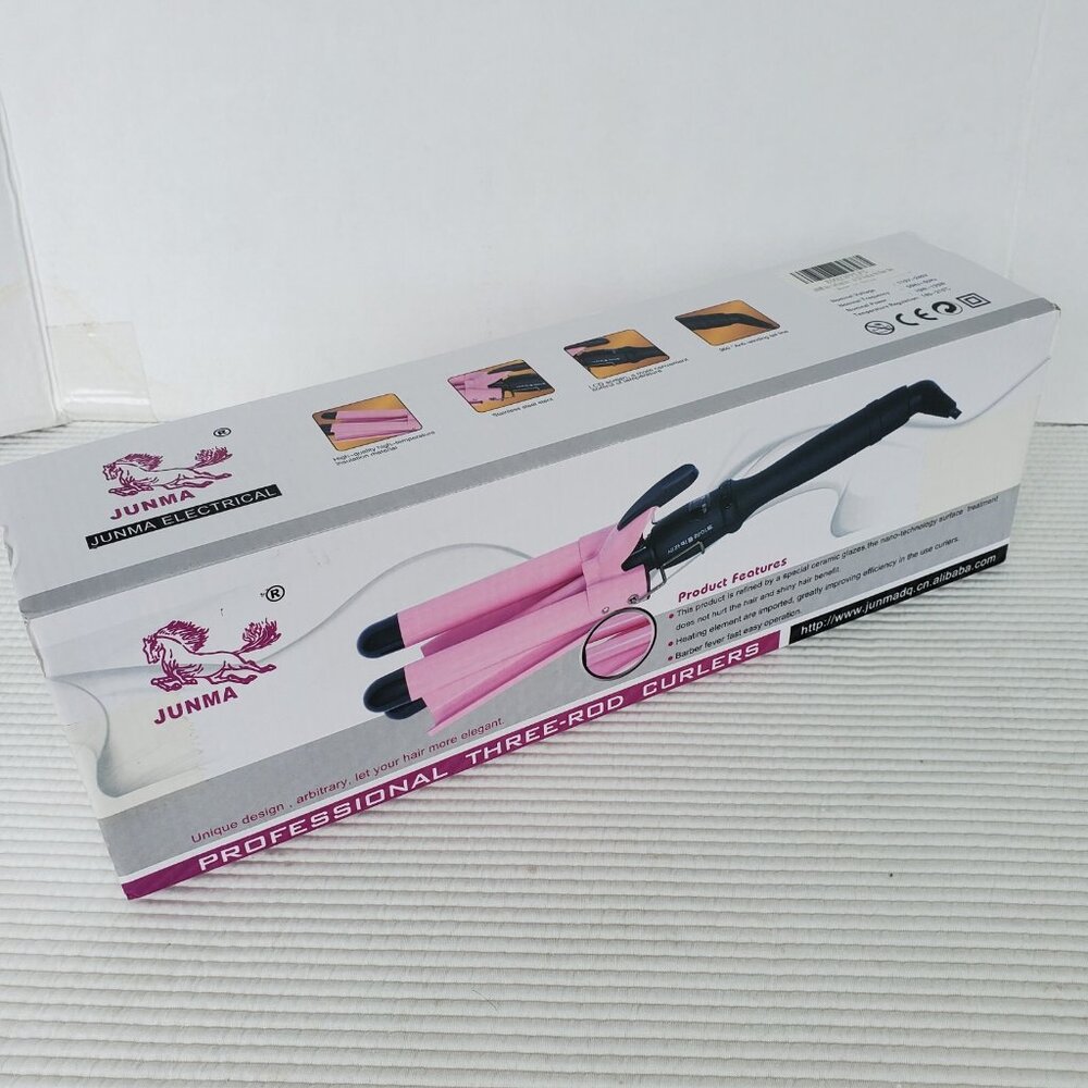Junma Profesional 3 Rod Barrel Curlers Curling Iron With Pink New In Box Waver